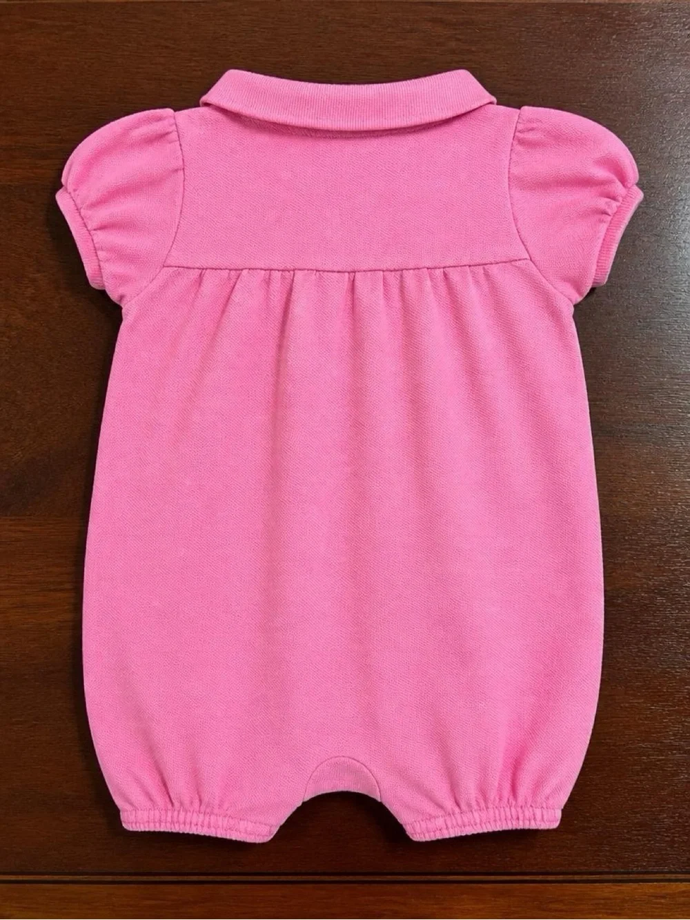 Ralph Lauren Pink Polo Romper with Green Pony Embroidery